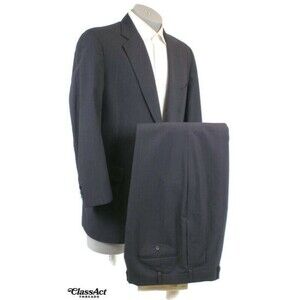 Jos A Bank 2 Piece Suit Mens Black Striped Wool 3 Btn 42L Pleated 32" W